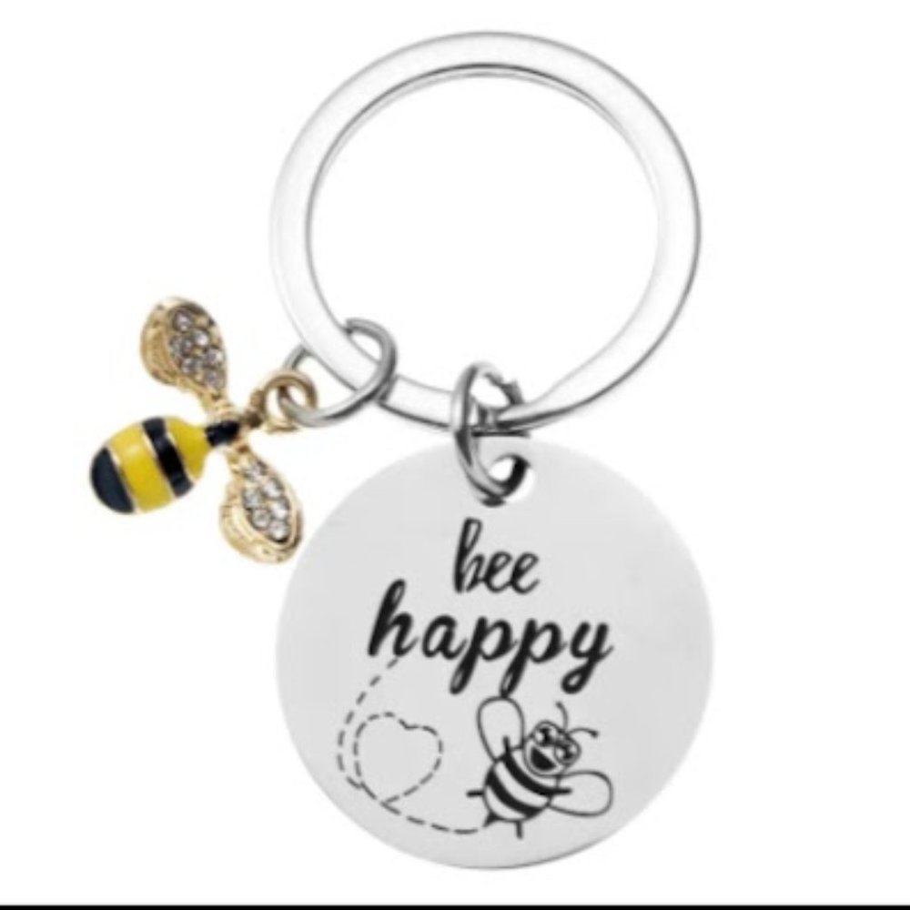 Bee Happy Inspirational Keychain Stainless Steel Measures approx 1" x 2.2"